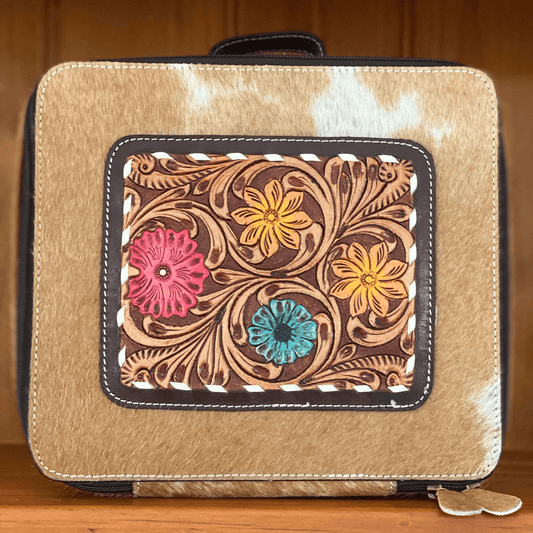 Tan tooled cowhide jewellery box with velvet interior