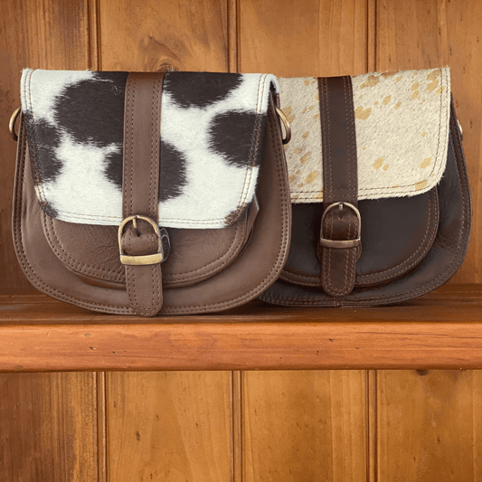 Bonnie buckle shoulder bag in brown leather & cowhide