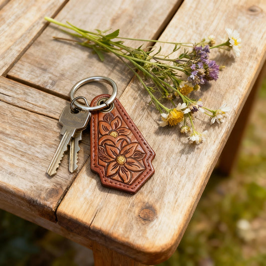 Group of floral leather keychains arranged on rustic fabric background