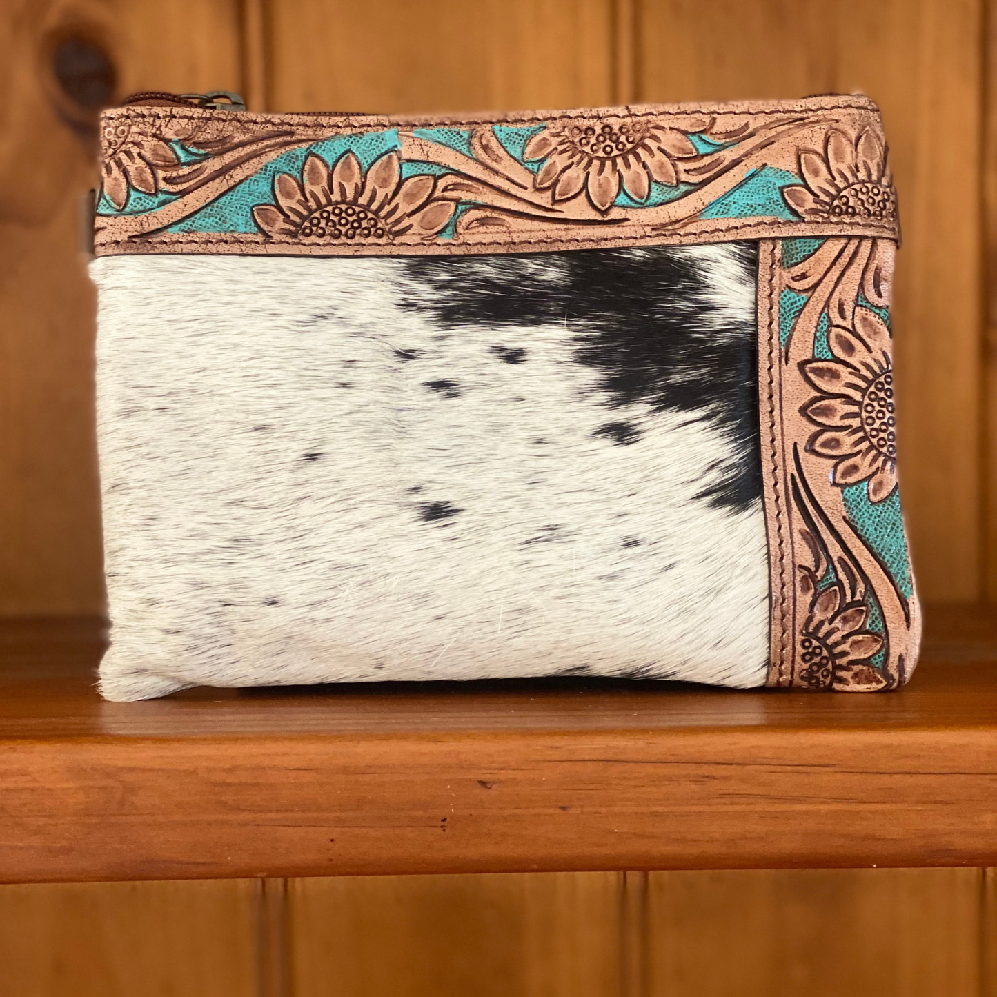 cowhide purse, embossed leather, flowers, handcarvd leather, handtooled leather, wrist purse, blue, yellow, white, brown, black