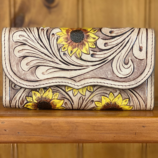 Unique floral leather wallet with sunflower embossing – limited edition