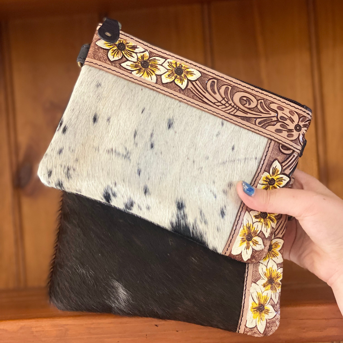 cowhide purse, embossed leather, flowers, handcarvd leather, handtooled leather, wrist purse, blue, yellow, white, brown, black