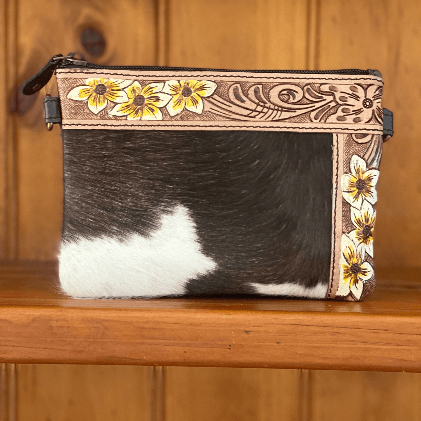 cowhide purse, embossed leather, flowers, handcarvd leather, handtooled leather, wrist purse, blue, yellow, white, brown, black