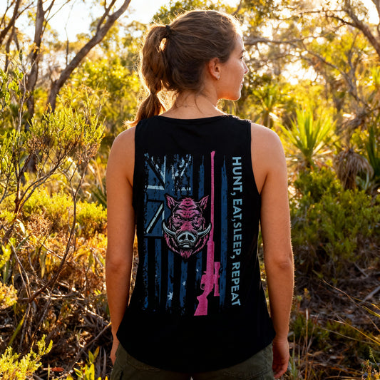 Pink Hunt, Eat, Sleep - Womens Black Sunday Singlet
