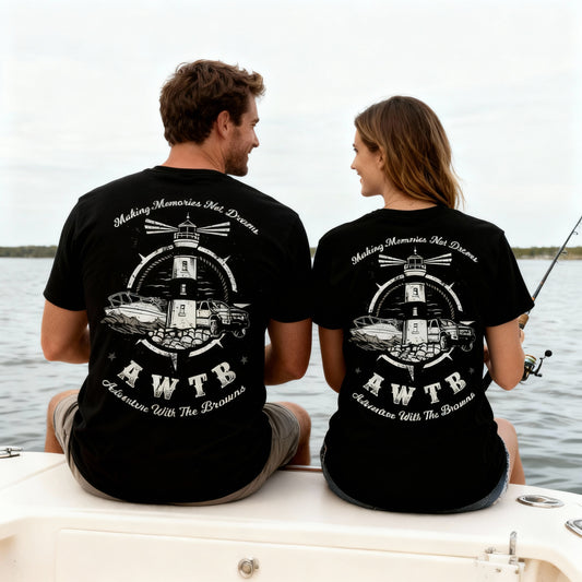 Make Memories, Not Dreams unisex black tee – AWTB Apparel front pocket logo and bold back print