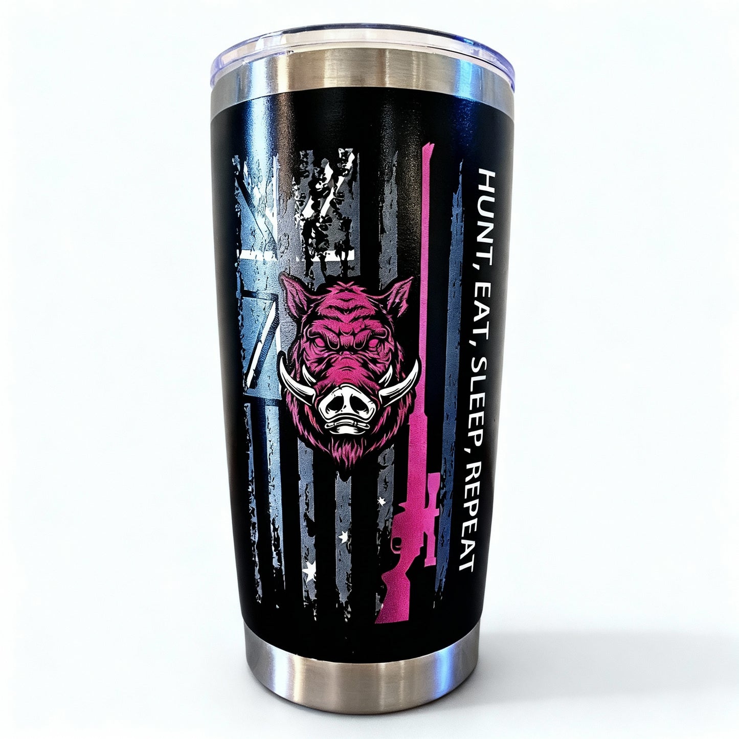 Pink Hunt, Eat, Sleep, Repeat Tumbler – 20oz Stainless Steel Insulated Travel Mug with Lid