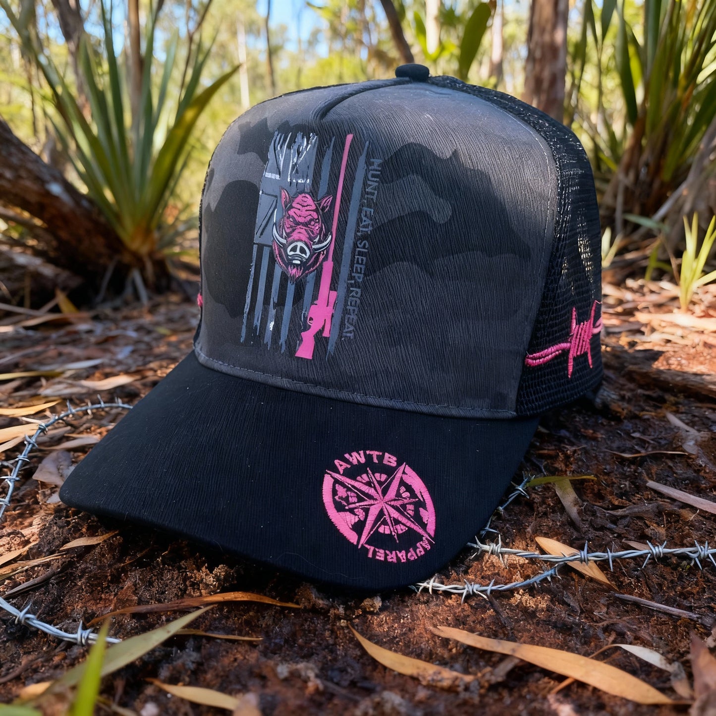 Ladies camo hunting trucker cap with pink hunt logo – AWTB Apparel
