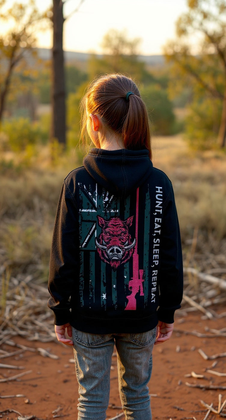 HUNT, EAT, SLEEP, REPEAT Kids Black Pullover
