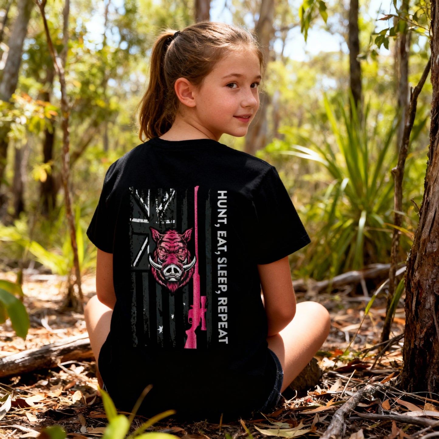 Black cotton kids adventure t-shirt with Hunt Eat Sleep Repeat design