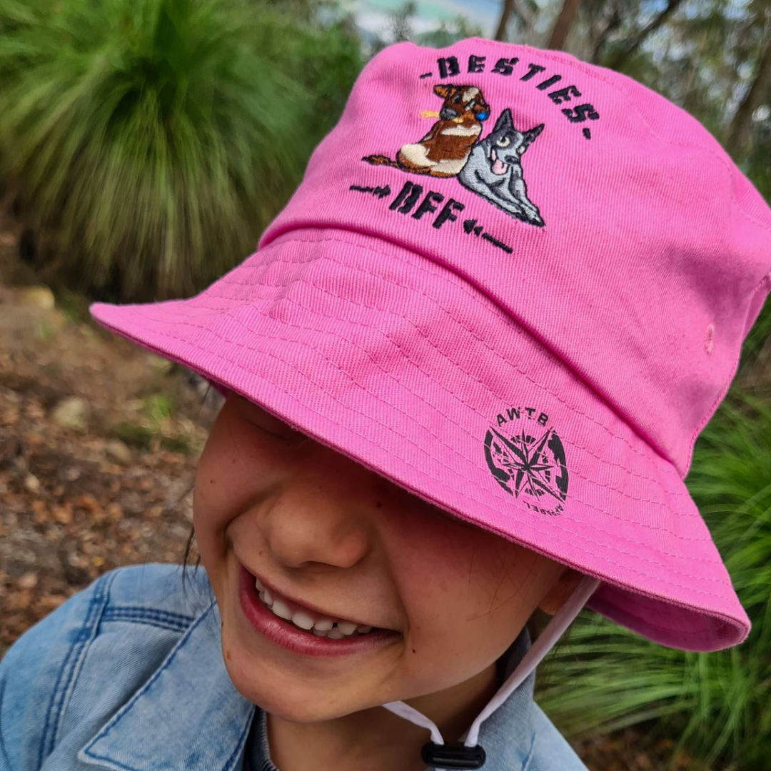 Kids cotton twill Besties bucket hat with chin strap and embroidered logo – outdoor sun hat for children
