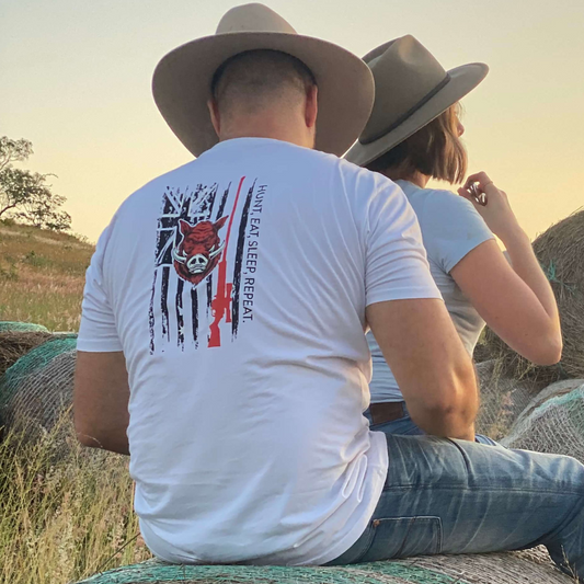 mens cotton tee, white, black, charcoal, hunting, pigs, red, australian, tshirts