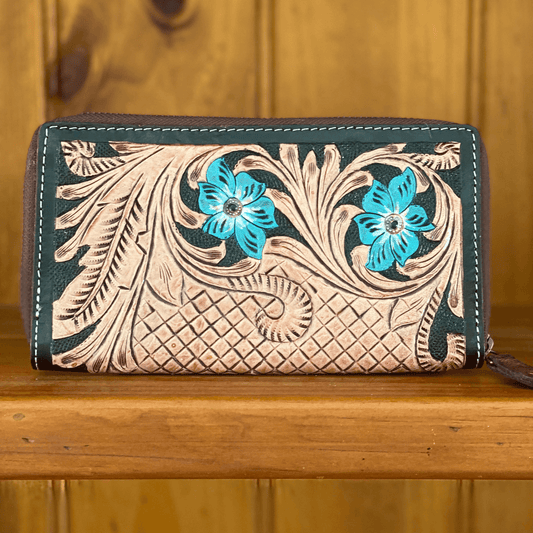 handtooled leather ladies wallet, black leather, yellow flowers, blue flowers, zip wallet, western wear, country wear, country wallets