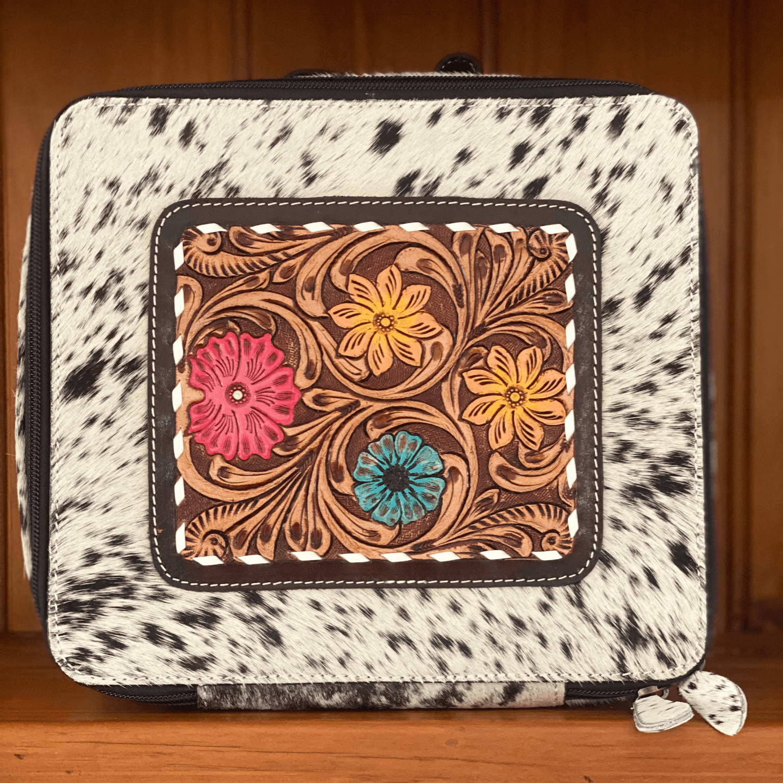 leather tooled jewellery box, brown leather, tan leather, cowhide, western wear, jewellery box