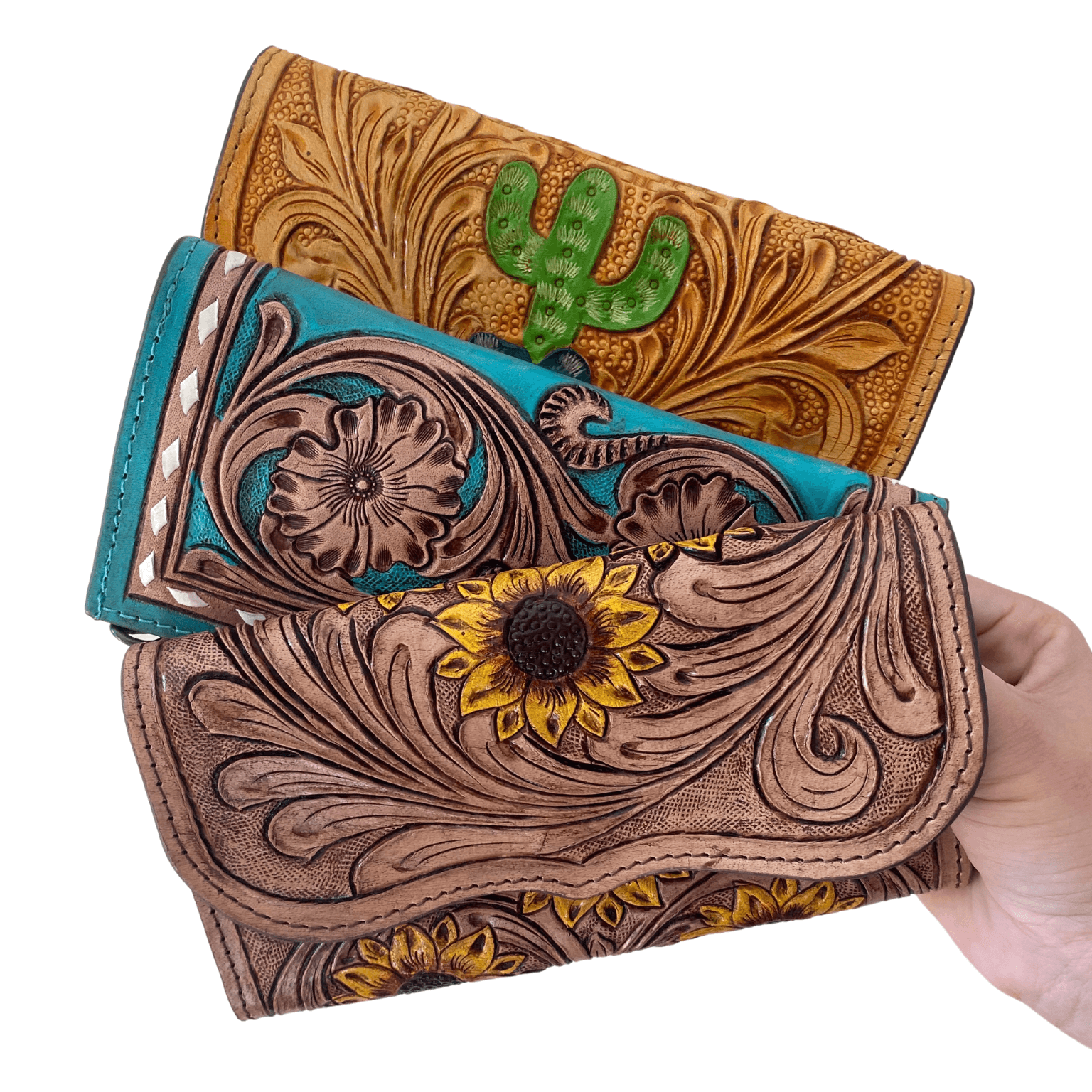 embossed leather, hand carved, cactus, western, country purse, western clothing, engraved leather, green, tan