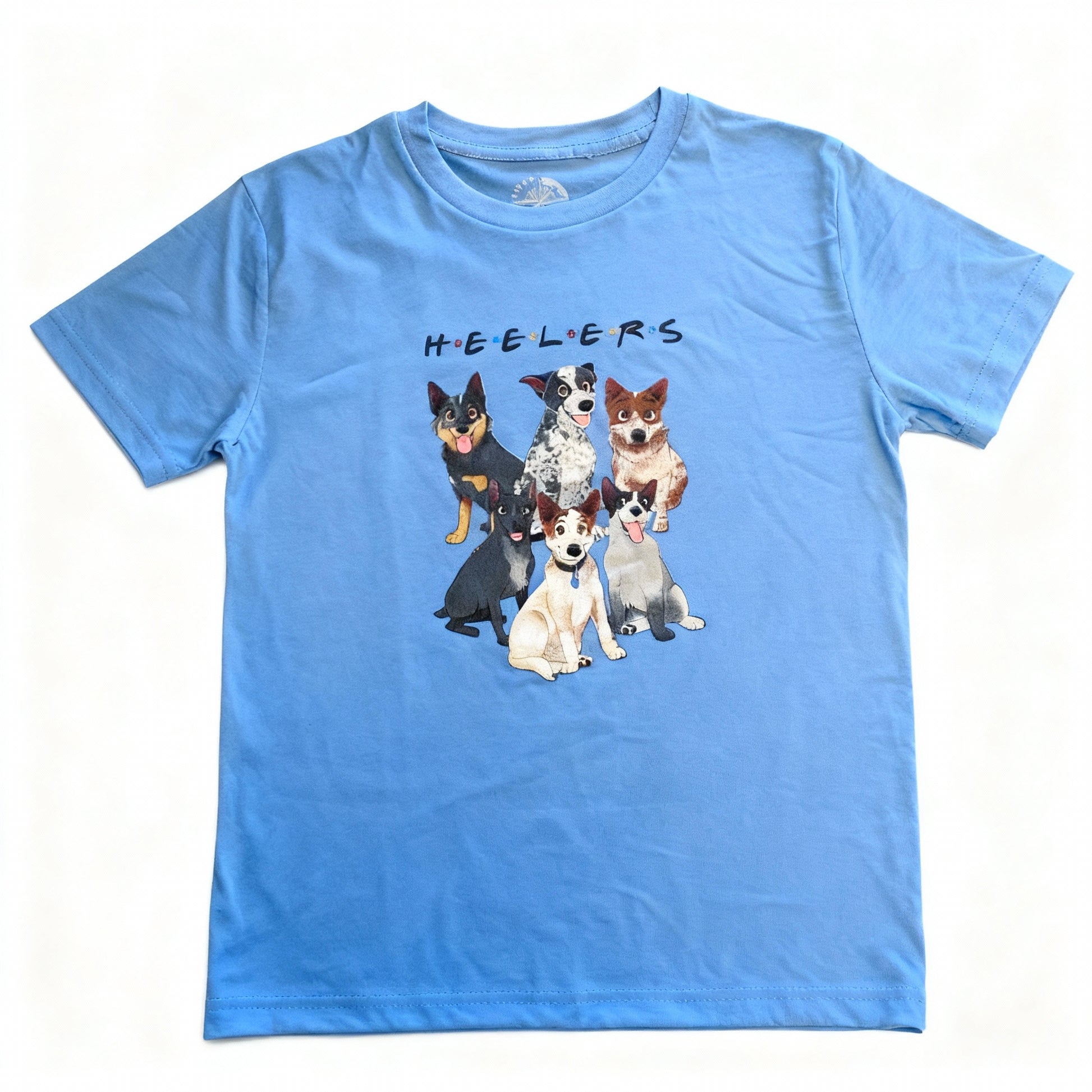 Light blue H.E.E.L.E.R.S kids t-shirt with Blue and Red Heeler dog design – breathable cotton tee for country kids