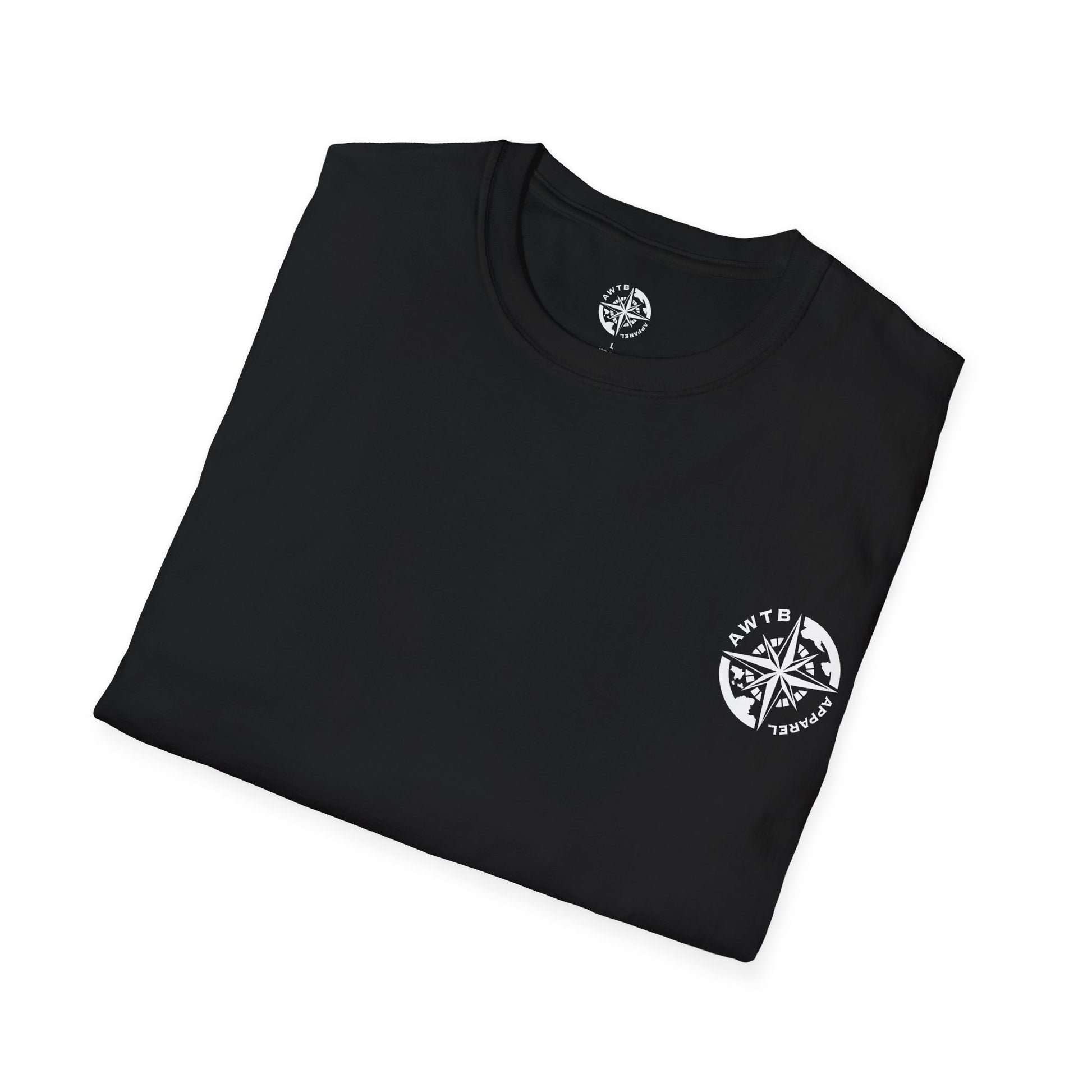 Flat lay of black Make Memories, Not Dreams tee showing AWTB pocket logo