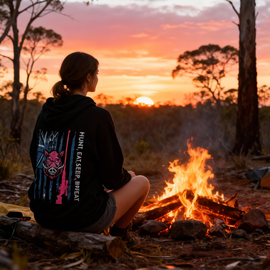 Hunt Eat Sleep Repeat women’s pink artwork hoodie – AWTB Apparel outdoor fleece pullover for camping and adventure