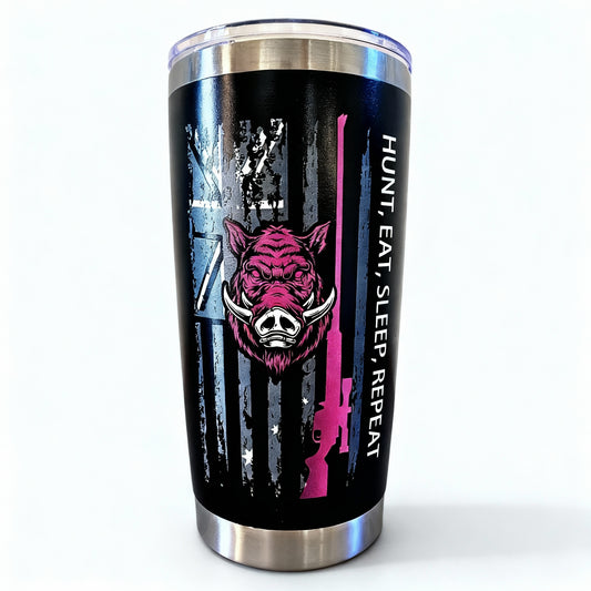 Pink Hunt, Eat, Sleep, Repeat Tumbler – 20oz Stainless Steel Insulated Travel Mug with Lid