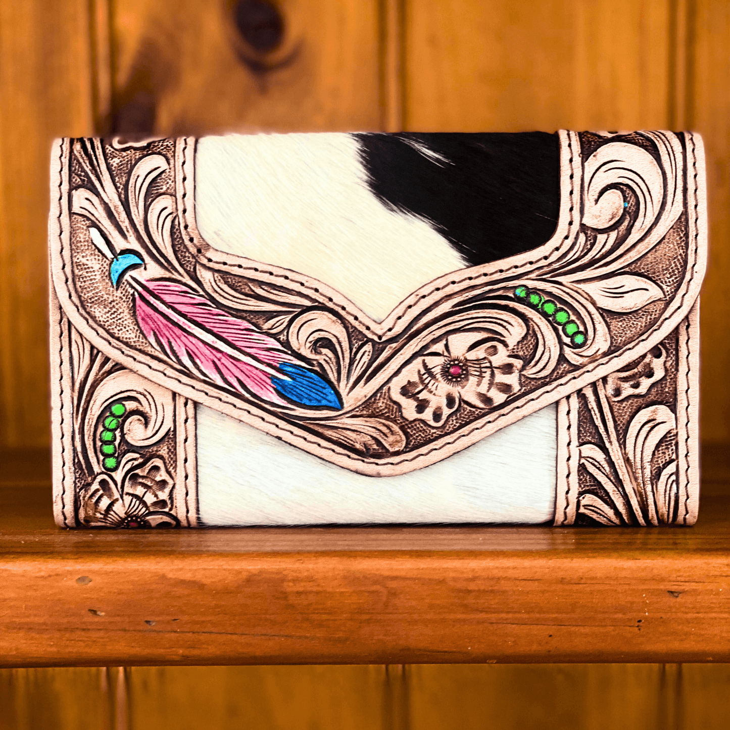 handcarved leather purse, western wear, country wear, embossed leather detailed purse, feather embossed leather, cowhide, cowhide purse, cowhide wallet, country wallet