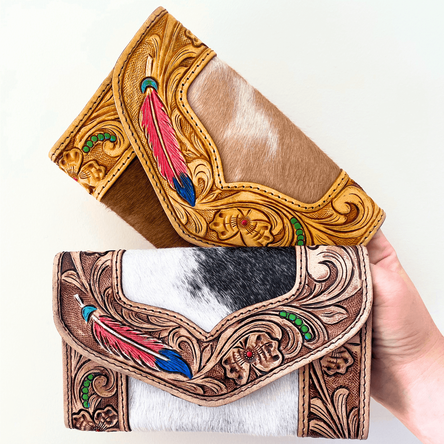 handcarved leather purse, western wear, country wear, embossed leather detailed purse, feather embossed leather, cowhide, cowhide purse, cowhide wallet, country wallet