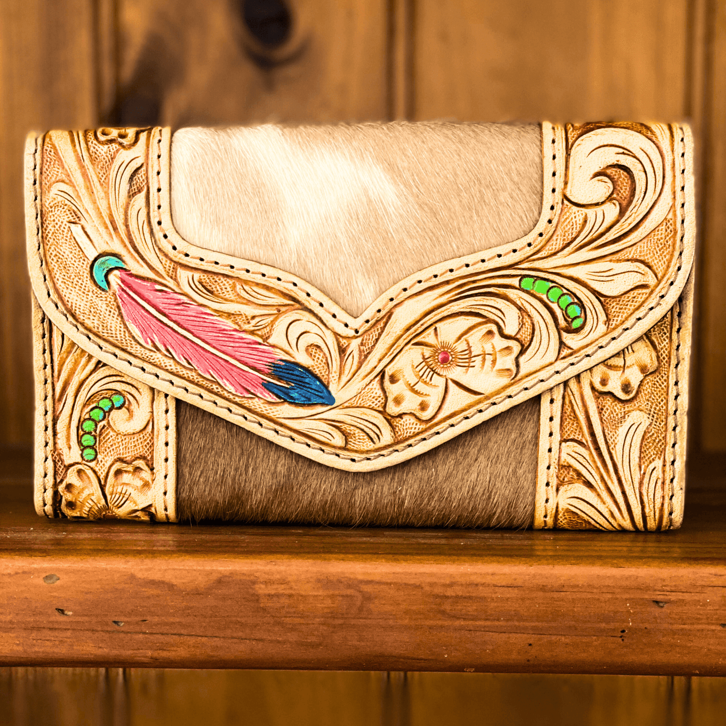 handcarved leather purse, western wear, country wear, embossed leather detailed purse, feather embossed leather, cowhide, cowhide purse, cowhide wallet, country wallet