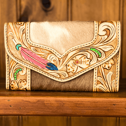 handcarved leather purse, western wear, country wear, embossed leather detailed purse, feather embossed leather, cowhide, cowhide purse, cowhide wallet, country wallet