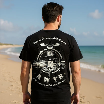 Back view of AWTB Make Memories, Not Dreams black t-shirt – Australian adventure lifestyle clothing