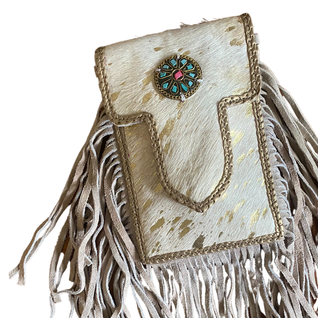 leather, leather bags, cow hide, womens, womens purse, tassels, gems, white, gold