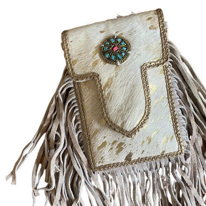 leather, leather bags, cow hide, womens, womens purse, tassels, gems, white, gold