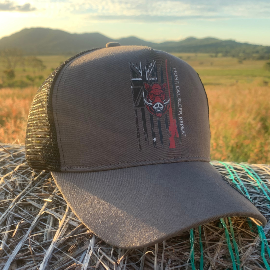 hunting, pigs, trucker caps, red, black, grey, australian, pigging caps, bores