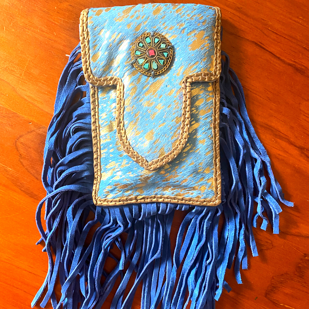 leather, leather bags, cow hide, womens, womens purse, tassels, gems, blue and gold