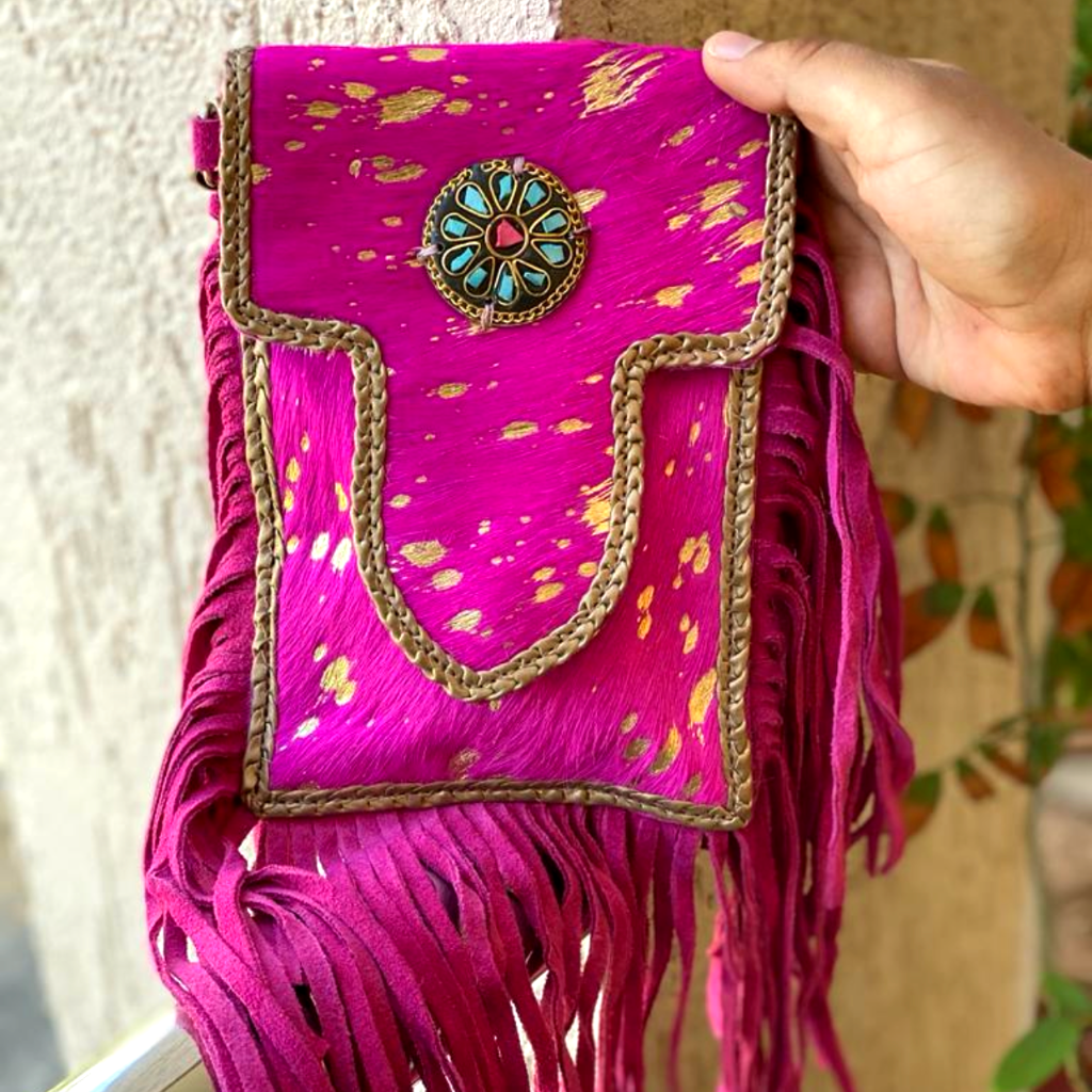 leather, leather bags, cow hide, womens, womens purse, tassels, gems, country, pink, gold