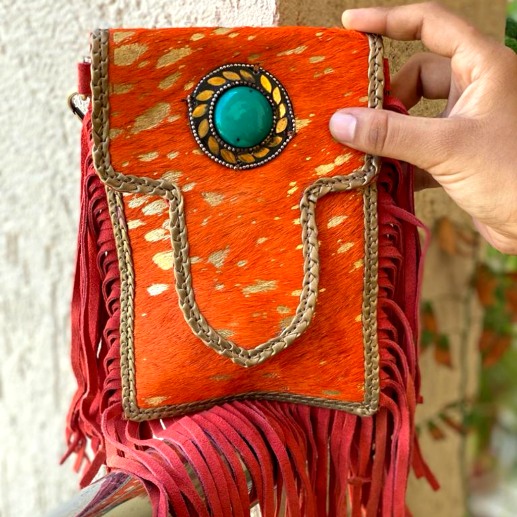 leather, leather bags, cow hide, womens, womens purse, tassels, gems, country, orange, gold