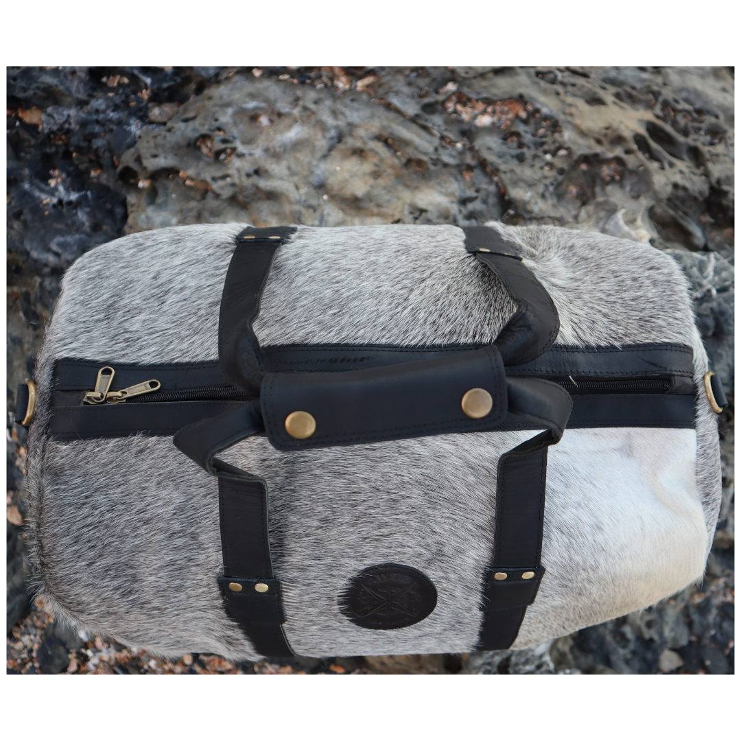 australia cow hide, duffle bag, travel bag, weekend bag, brown, black, tan, real cowhide, leather, australian leather