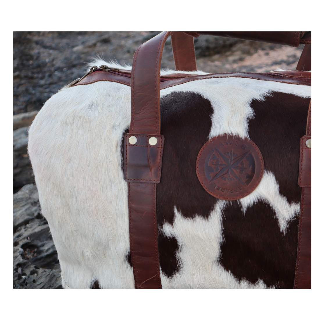 australia cow hide, duffle bag, travel bag, weekend bag, brown, black, tan, real cowhide, leather, australian leather