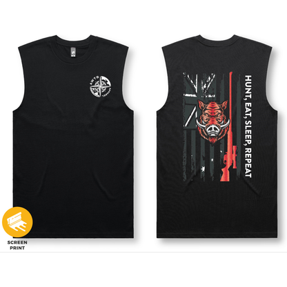 mens, singlet, tank, black, red, hunt, australian flag, hunting clothes, mens wear