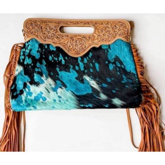 cowhide, tassles, blue, black, embossed, handcarved, leather, australian, handbag, clutch